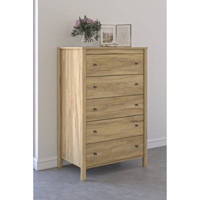 Light Brown 5-Drawer Tall Dresser with Dark Bronze Knobs