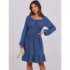Long Lantern Sleeve Swing Dress with Square Neck & Ruffle Hem, Elastic Waist A-Line Short Dress for Women, Fall Fashion Dark Blue - 2 of 4
