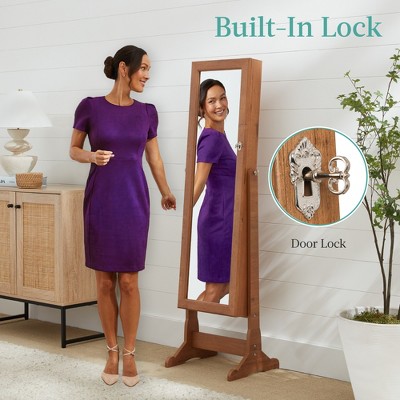 Gray Oak Freestanding Jewelry Armoire with Full-Length Mirror