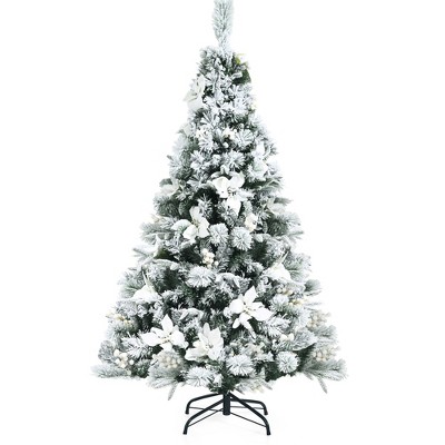 Costway 5ft Snow Flocked Hinged Christmas Tree W/berries & Poinsettia ...