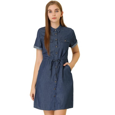 Women's Midi Denim Dress Single Breasted High Waist Jeans Dresses