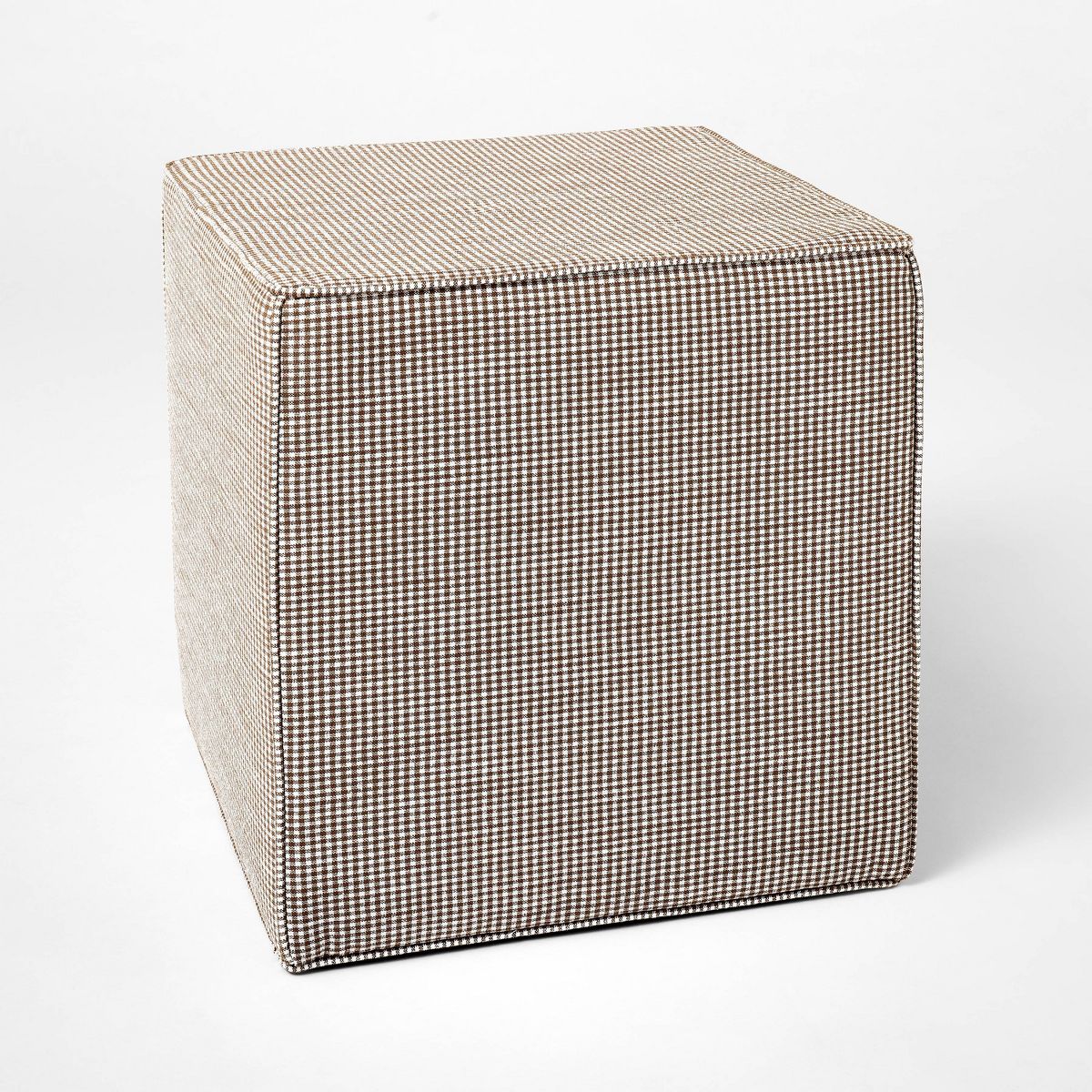 Lynwood Square Upholstered Cube Ottoman Tan Checkered - Threshold designed with Studio McGee