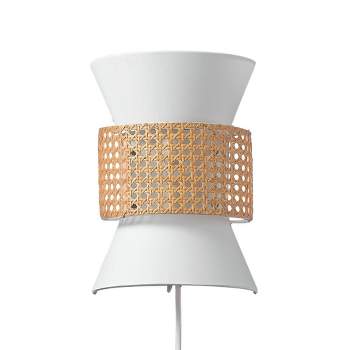 Ayla 2-Light Plug-In or Hardwire Wall Sconce with White Fabric Shade and Rattan Accent - Globe Electric