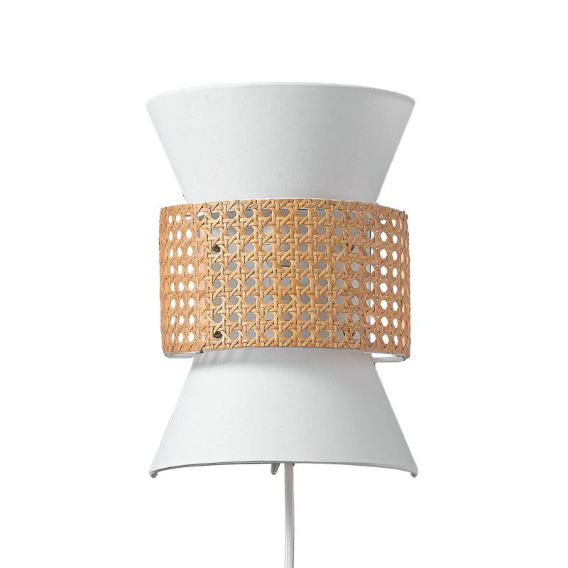 Ayla 2-Light Plug-In or Hardwire Wall Sconce with White Fabric Shade and Rattan Accent - Globe Electric, 1 of 9