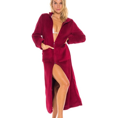 ADR Women's Zip Up Plush Robe, Slim Fit Bathrobe with Two Way Zipper  Burgundy Small