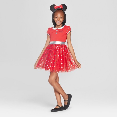Girls Disney Minnie Mouse Short Sleeve Cosplay Dress Redblack