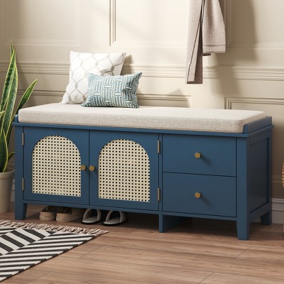 Entryway Shoe Storage Bench with Cushion, 2 Rattan Doors & 2 Drawers, Wooden Shoe Organizer with Seating for Hallway & Mudroom - HABITRIO