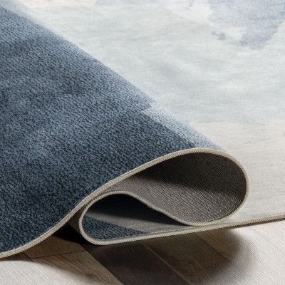 Blue Abstract Washable Non-slip Synthetic Area Rug, 3 x 5 ft