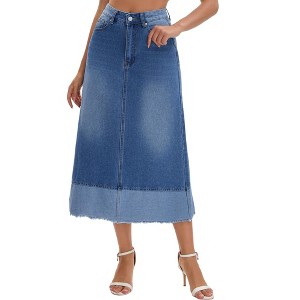 INSPIRE CHIC Women's Denim High Waist Spring Causal Panel Hem A-Line Maxi Jean Skirts - 1 of 4