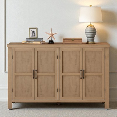 Farmhouse 4-Door Sideboard Storage Cabinet with Adjustable Shelves, Pinewood Legs, Retro Metal Handles, for Kitchen, Dining Room