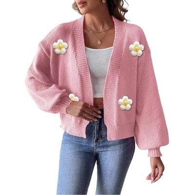Coolmee Women's Cardigan Sweaters Long Sleeve Open Front Cropped Flower Knit Cardigan