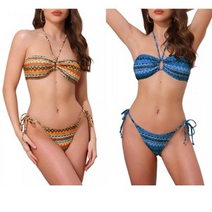 INSPIRE CHIC Women's Colorblock Stripes Ripple Halter Tie Back Top Triangle Bottom Swimwear Bathing Bikini Suits 2 Sets - 1 of 4