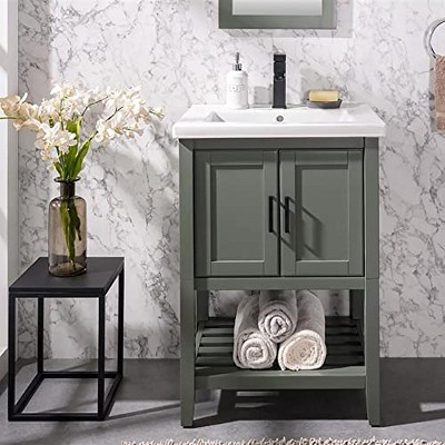 24-inch Pewter Green Solid Poplar Vanity with White Ceramic Sink
