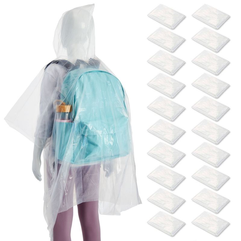Blue Panda 20-Pack Disposable Rain Ponchos for Kids - Emergency Plastic Raincoats with Hood for Boys and Girls (Clear), 1 of 8