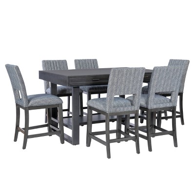 Powell 7pc Harlan Solid Wood Counter Dining Set with 6 Stools and Table with 4 Drawers Distressed Charcoal: Transitional Style, Double Pedestal