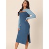 Seta T Women's Fall Color Block Round Neck Cut Out Front Long Sleeve Slit Hem Knit Sweater Midi Dress - 2 of 4