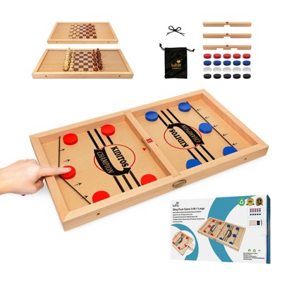 Kiditos 3-in-1 Wooden Sling Puck Board Game with Chess and Checkers, solid wood slingshot tabletop game for kids and adults