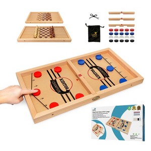 Kiditos 3-in-1 Wooden Sling Puck Board Game with Chess and Checkers, solid wood slingshot tabletop game for kids and adults - 1 of 2