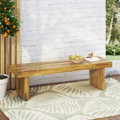 Rectangle Acacia Wood Patio Bench,Patio Wooden Side Bench With thick slat paneling,Natural Solid Wood Garden Lounge Bench-Coolbibila