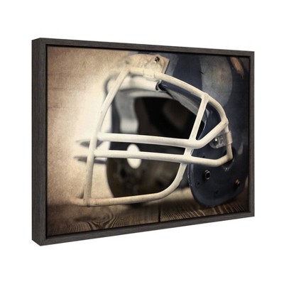 Vintage Football Helmet Framed Canvas Print in Gray Woodgrain Frame
