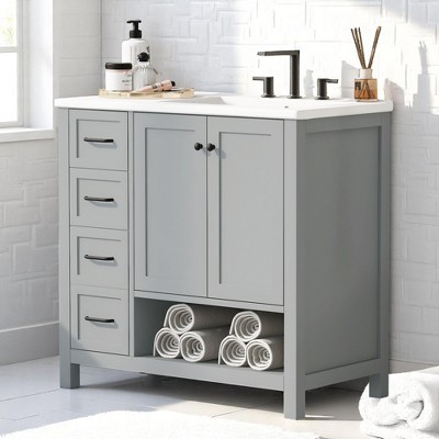 Mshliw 36" Bathroom Vanity with Ceramic Sink, Cabinet with Two Doors, Two Drawers, and Open Shelf, Freestanding Solid Wood Construction