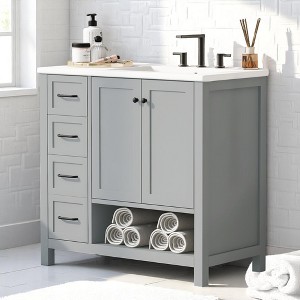 Mshliw 36" Bathroom Vanity with Ceramic Sink, Cabinet with Two Doors, Two Drawers, and Open Shelf, Freestanding Solid Wood Construction - 1 of 4
