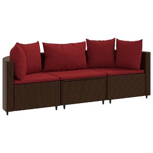 vidaXL Patio Sofa Set with Cushions Lounge Setting Outdoor Furniture Poly Rattan - Brown and Red 3 Piece - 1 of 4