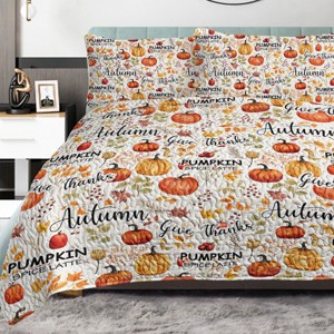 Pumpkin Autumn Leaves Design Quilt Set 3 Pieces King Size All Seasons Bedding Quilt Bed Set with 2 Pillowcases for Kids Teens Adults - 1 of 4
