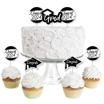 Big Dot of Happiness Black and White 2024 Graduation Party - Dessert Cupcake Toppers - Clear Treat Picks - Set of 24