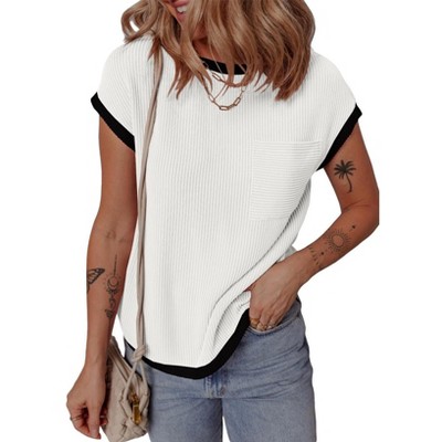 Womens Summer Causal Tops Cap Sleeve Shirts with Color Block Cuff Tiny Striped T-Shirts Chest Pocket Summer Lounge Tops Striped Shirts