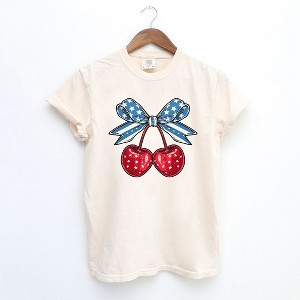 Simply Sage Market Women's Coquette Patriotic Cherries Short Sleeve Garment Dyed Tee - 1 of 2
