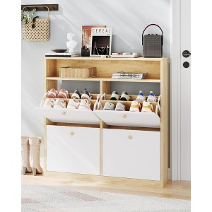 GustoWave Utility Narrow Shoe Cabinet with 4 Flip Drawers and Open Shelf, Wooden Freestanding Shoes Rack Organizer with Shelves - 1 of 4