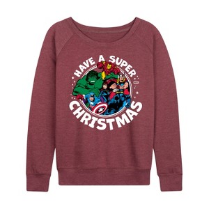 Women's - Marvel - Have A Super Christmas Avengers Lightweight French Terry Wide Neck Long Sleeve Graphic Shirt - 1 of 4
