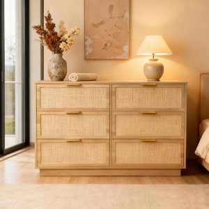 Rattan 6 Drawer Dresser, 47in Wide Natural Oak 6 Chest of Drawers with Metal Handles and Wooden Sturdy Base for Bedroom Living Room Nursery - 1 of 4