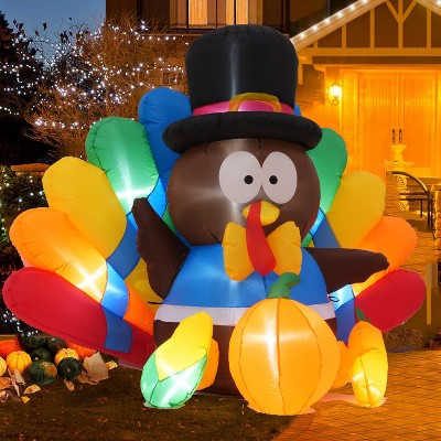 KRISRATE 6FT Thanksgiving Inflatables Turkey Decorations with Hat & Colorful Tail, Built-in LED Lights Blow up Turkey Inflatable Fall Holiday