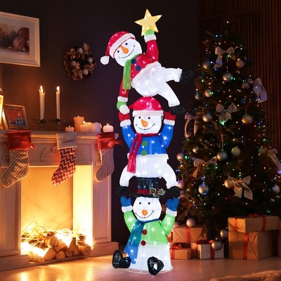 Tangkula 6 FT Lighted Christmas Stacked Snowman Set Light-up Christmas Decoration with 155 LED Lights Ground Stakes & Zip Ties Pre-Lit Snowman