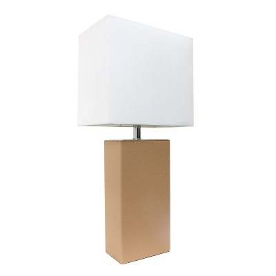 Beige Leather Wrapped Table Lamp with White Fabric Shade and LED Bulb