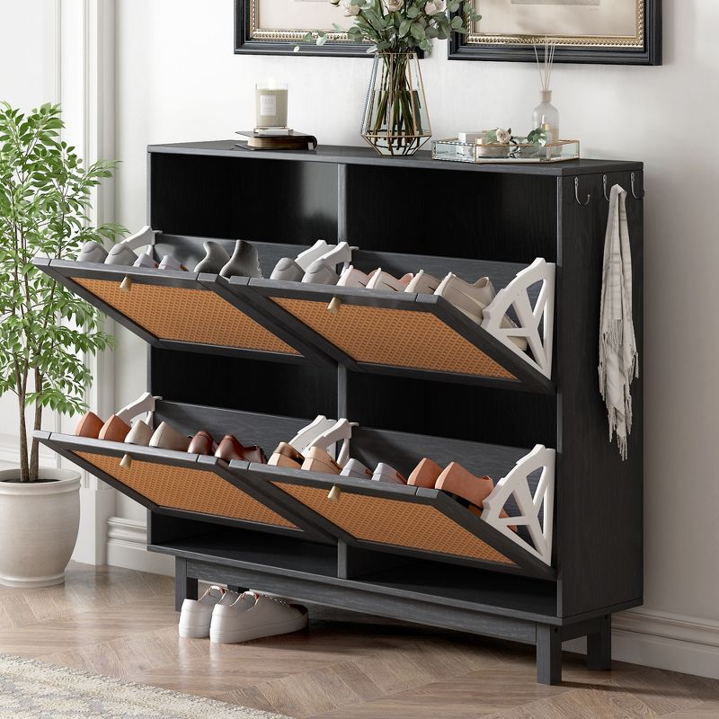 Clint 37.1" Height Farmhouse Rattan Shoe Rack Multifunctional 2-Tier Organizer Drawers for 12 Pairs with 4 Flip Down Drawers-Maison Boucle, 3 of 9