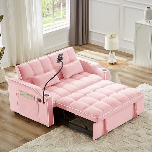 54'' Velvet Foldable Adjustable Back Sofa Bed with USB Port, Swivel Phone Stand, and Ashtray - 1 of 4