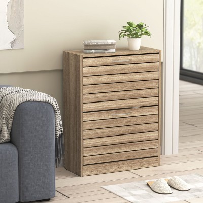 Natural Wood Shoe Storage Cabinet with Louver Doors and Flip Drawers
