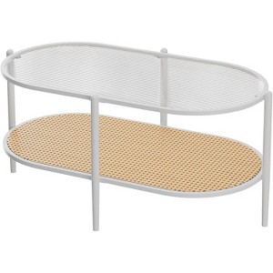 Acekool Oval Glass Coffee Table, Water-Wave Tempered Glass, Rattan Storage Shelf, Boho Farmhouse Metal Frame - 1 of 4
