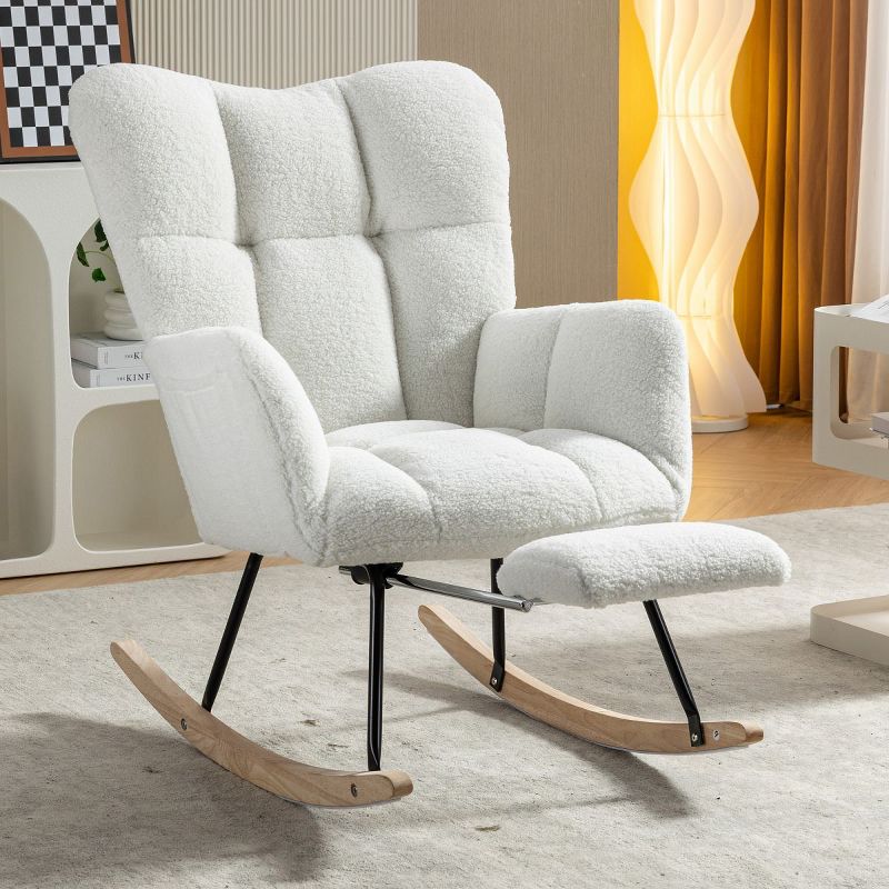 April Upholstered Glider Rocker with Footrest,Nursery Rocking Chair With Footrest,with High Backrest Mid Century Rocking Chair-Maison Boucle‎, 1 of 9