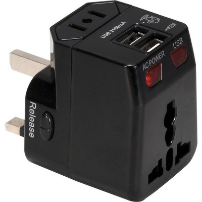 QVS Premium World Travel Power Adaptor with Surge Protection & 2.1A Dual-USB Charger - 120 V AC, 230 V AC Input - 5 V DC/2.10 A Output