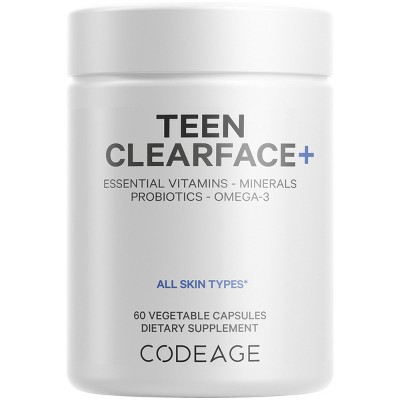 Codeage Teen Clearface Vitamins - All Skin Type Multivitamins, Minerals, Probiotics Supplement for Boys & Girls Ages 12-18 - 60ct