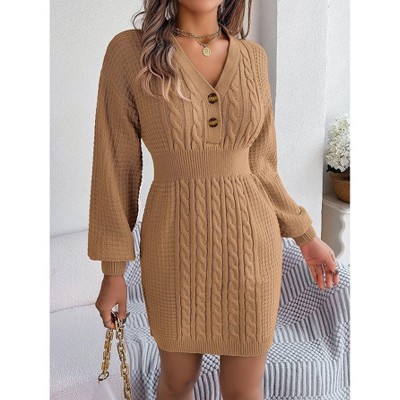 Coolmee Womens Fall Winter Mini Dress Ribbed Knit Sweater Dress Casual Long Sleeve Sexy V Neck Bodycon Short Dress