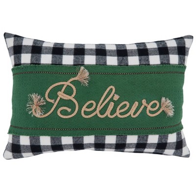 12"x18" 'Believe' Buffalo Plaid Poly Filled Lumbar Throw Pillow - Saro Lifestyle