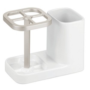 iDESIGN Sedona Dental Center Satin White/Nickel: Ceramic Hand Wash Organizer for Bathroom Countertop - 1 of 4
