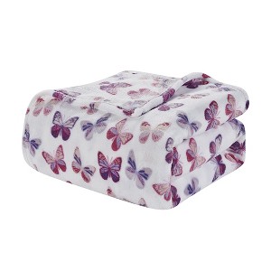 Plazatex Luxurious Ultra Soft Lightweight Rose Butterfly Printed Bed Blanket White/Purple - 1 of 4