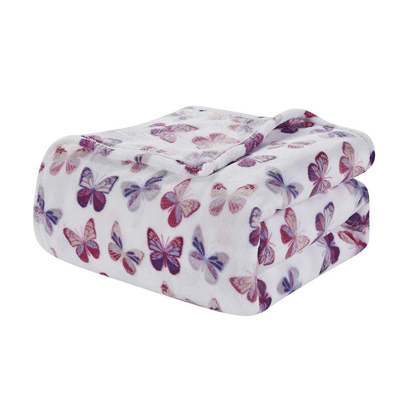Plazatex Luxurious Ultra Soft Lightweight Rose Butterfly Printed Bed Blanket White/Purple, 1 of 5