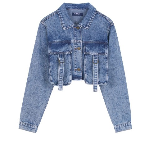 INSPIRE CHIC Women's Crop Turndown Collar Button Down Cargo Pockets Denim Jacket Medium Gray Blue